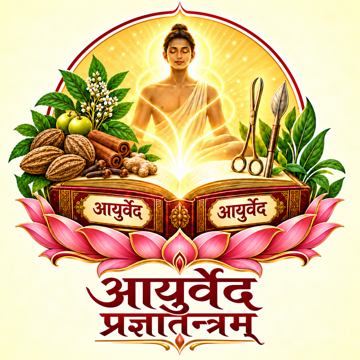 आयुर्वेदप्रज्ञातन्त्रम् — कमल पर चरक–सुश्रुत के ग्रंथ, औषधीय द्रव्य और शल्य उपकरण